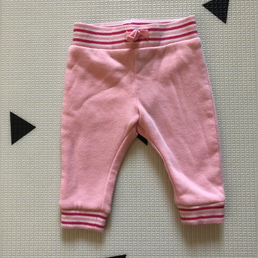 Janie and Jack|Baby girl pink joggers with striped band,fleece lined••3-6 months